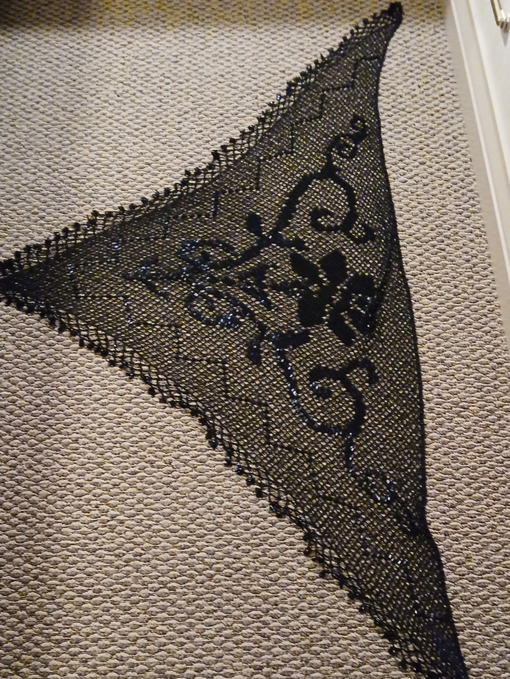 Beaded Lace Triangle Scarf Shawl in Black